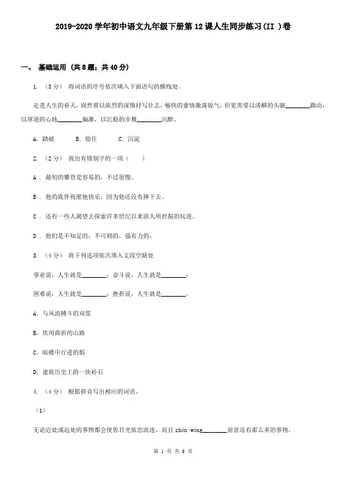 2019-2020学年初中语文九年级下册第12课人生同步练习(II )卷