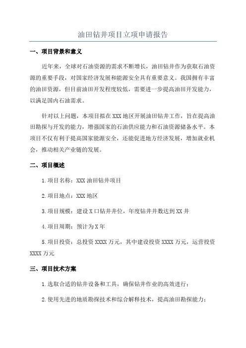 油田钻井项目立项申请报告