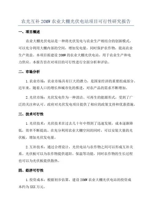 农光互补20MW农业大棚光伏电站项目可行性研究报告