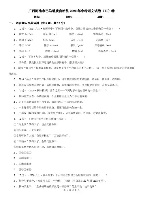 广西河池市巴马瑶族自治县2020年中考语文试卷(II)卷