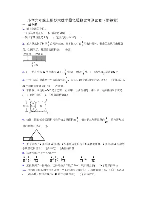 小学六年级上册期末数学模拟模拟试卷测试卷(附答案)