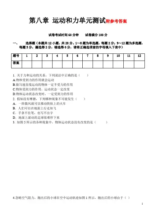 人教版物理八年级下册：第八章 运动和力 单元测试题附答案