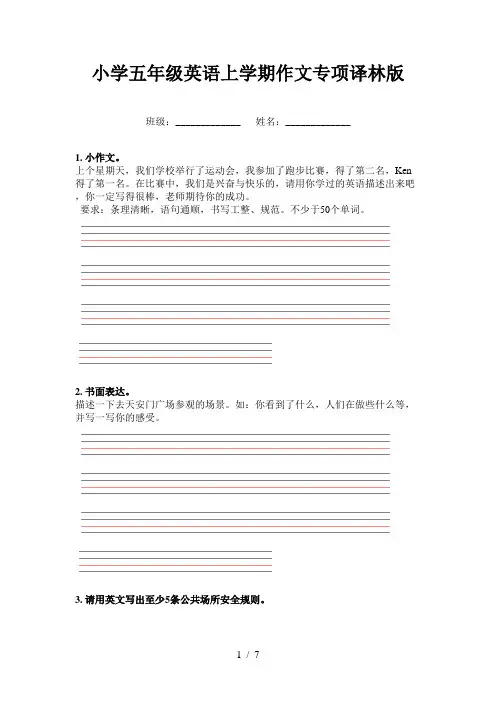 小学五年级英语上学期作文专项译林版