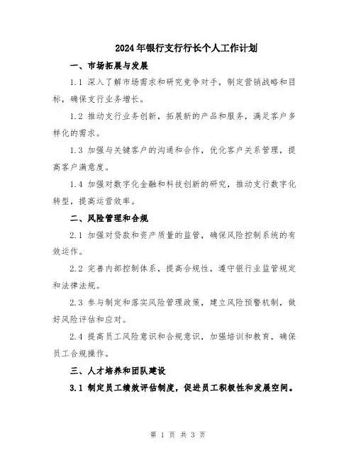 2024年银行支行行长个人工作计划