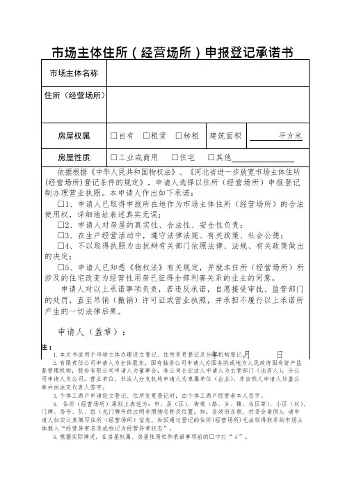 市场主体住所(经营场所)申报登记承诺书(可编辑修改word版)