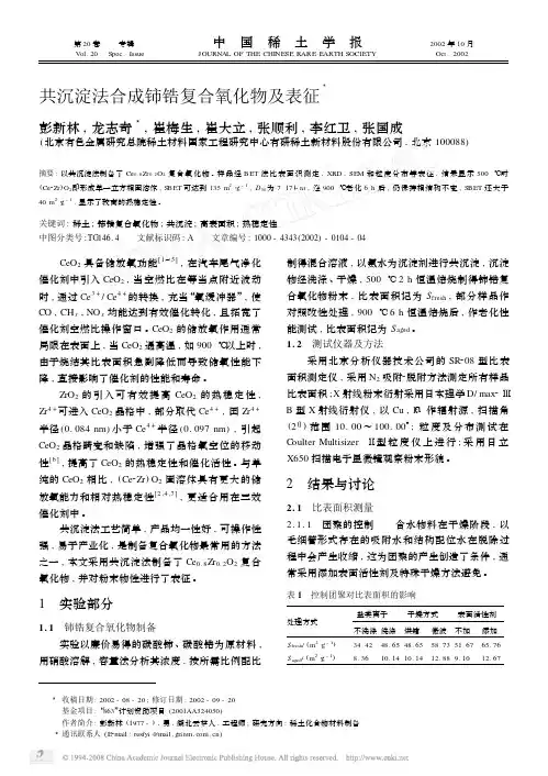 共沉淀法合成铈锆复合氧化物及表征