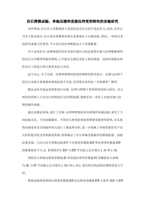岩石劈裂试验、单轴压缩和直接拉伸变形特性的实验研究