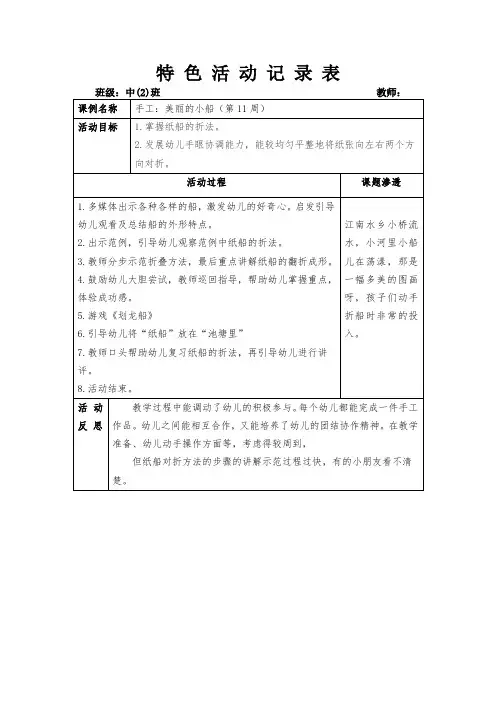 幼儿园特色活动记录手工：美丽的小船