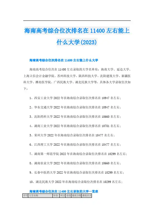 海南高考综合位次排名在11400左右能上什么大学(2023)