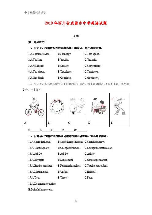 2019年四川省成都市中考真题英语试题试题(含答案)