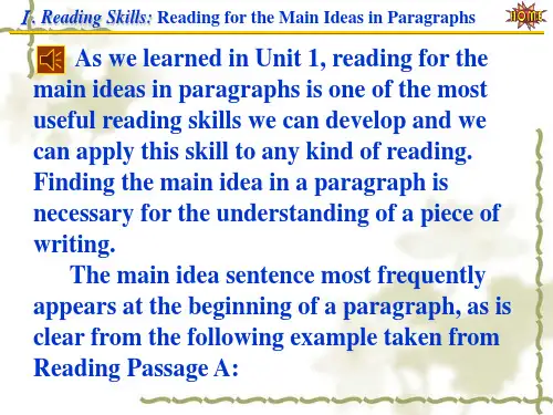 Reading Skills Reading for the Main Ideas in Paragraphs