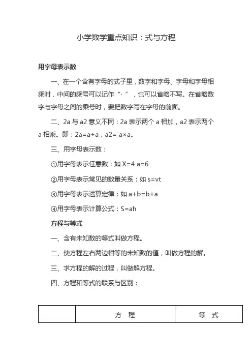 小学数学重点知识：式与方程