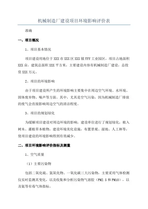 机械制造厂建设项目环境影响评价表