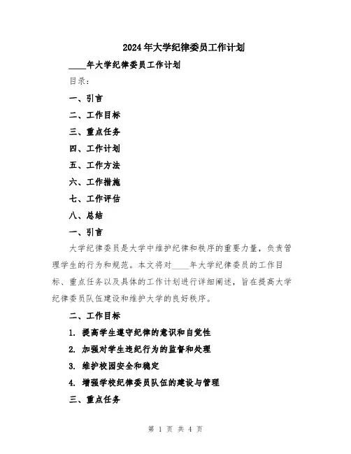 2024年大学纪律委员工作计划
