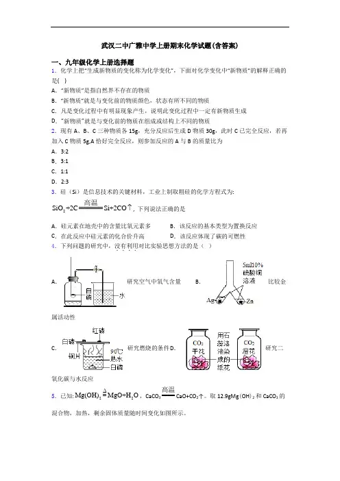 武汉二中广雅中学初三化学上册期末化学试题(含答案)