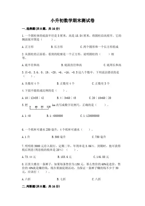 小升初数学期末测试卷含完整答案(名校卷)