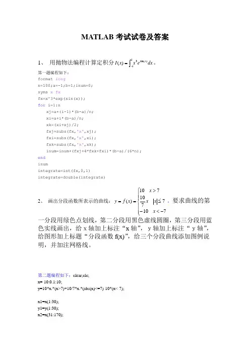 matlab考试试卷及答案