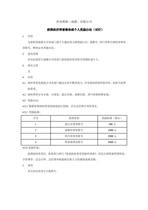 获得政府荣誉集体或个人奖励办法
