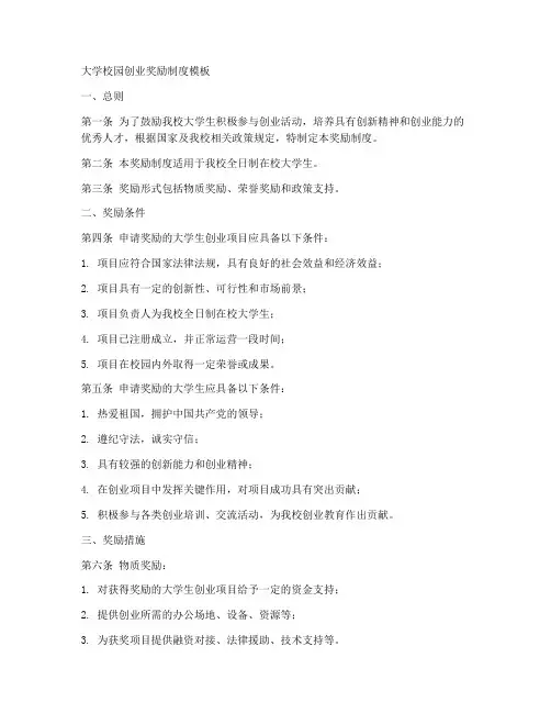 大学校园创业奖励制度模板