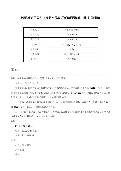 铁道部关于公布《铁路产品认证采信目录(第二批)》的通知-铁科技[2012]187号