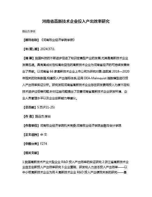 河南省高新技术企业投入产出效率研究