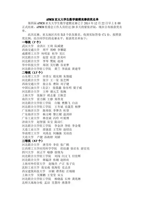 2014年APMCM亚太地区数学建模竞赛获奖名单