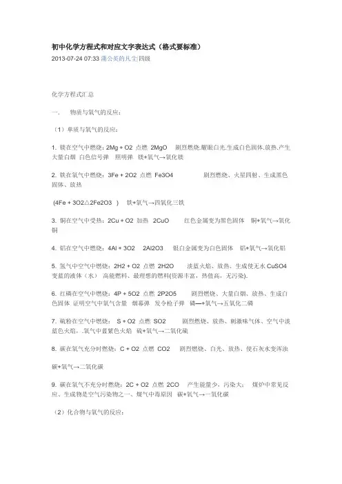 初中化学方程式和对应文字表达式