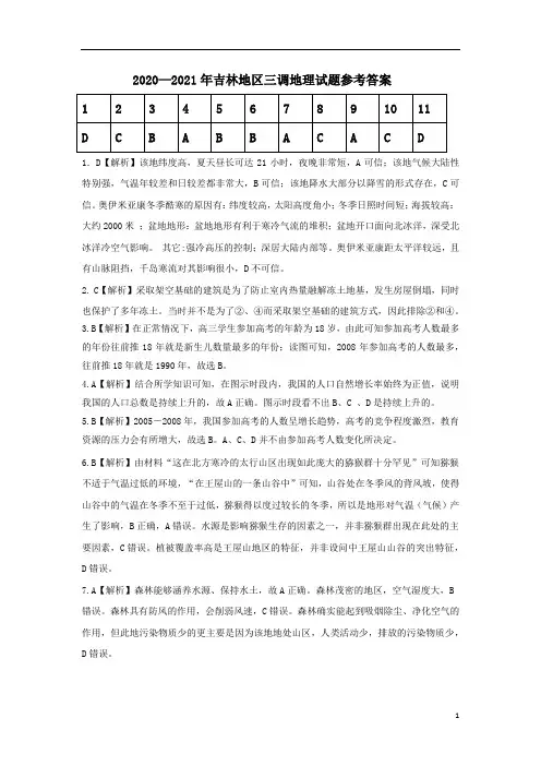 吉林省吉林市2021届高三下学期第三次调研测试(3月) 文科综合地理参考答案