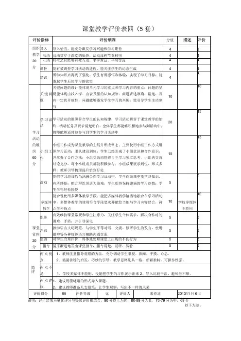 课堂教学评价表四(5套)