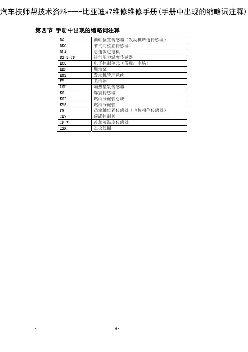 比亚迪s7维修维修手册(手册中出现的缩略词注释)