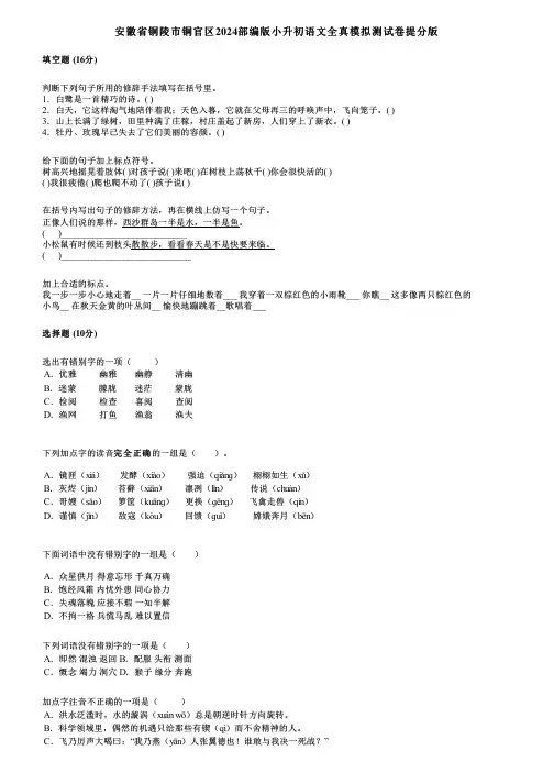 安徽省铜陵市铜官区2024部编版小升初语文全真模拟测试卷提分版
