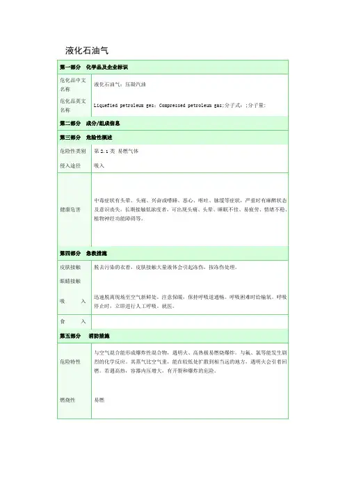 液化石油气安全技术说明书