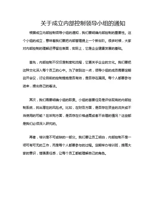 关于成立内部控制领导小组的通知