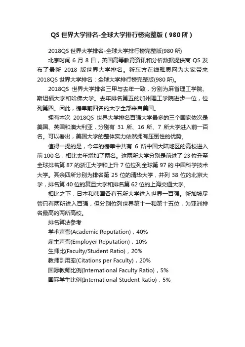 QS世界大学排名-全球大学排行榜完整版（980所）