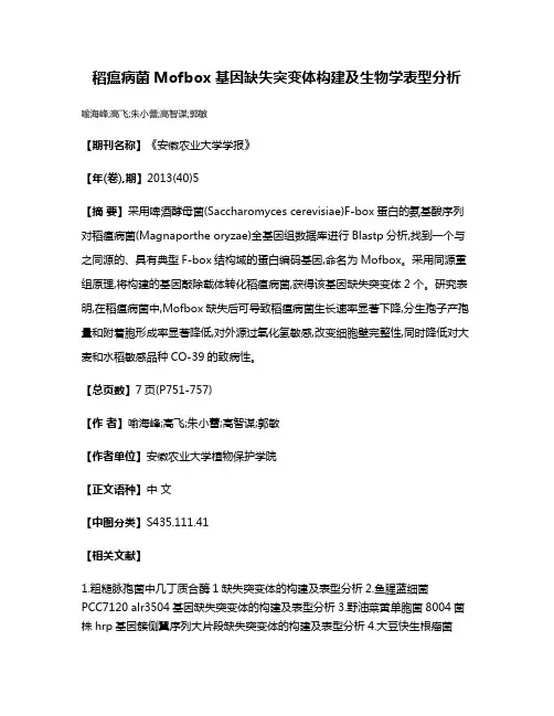 稻瘟病菌Mofbox基因缺失突变体构建及生物学表型分析