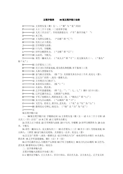 五笔字根表 86版五笔字根口诀表