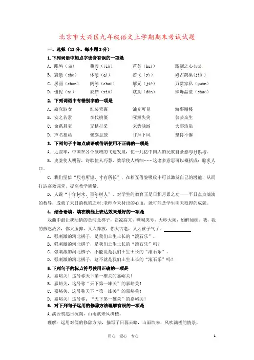 北京市大兴区九年级语文上学期期末考试试题