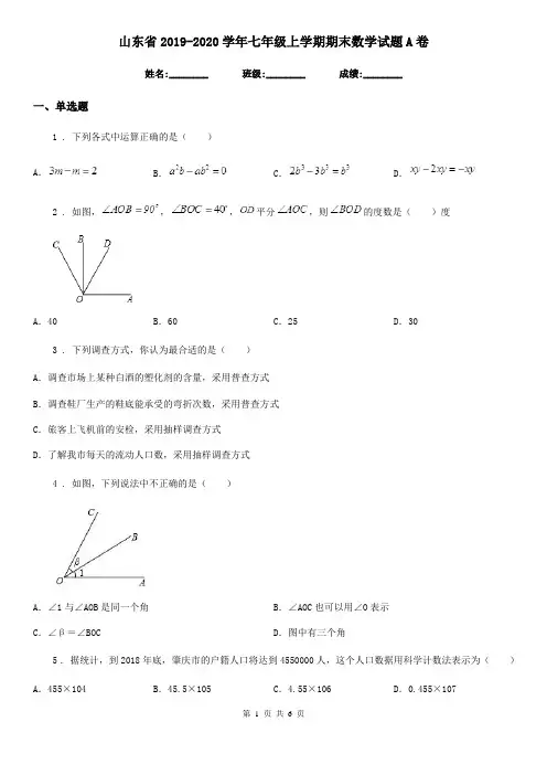 山东省2019-2020学年七年级上学期期末数学试题A卷