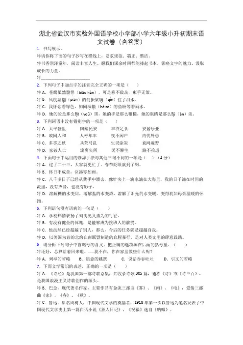 湖北省武汉市实验外国语学校小学部小学六年级小升初期末语文试卷(含答案)