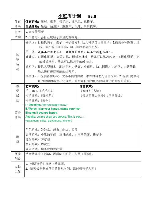 幼儿园小班周计划第3周