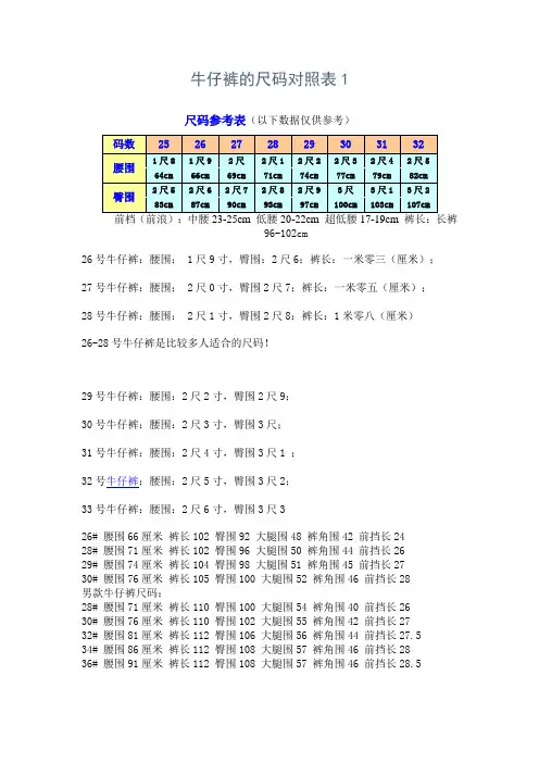 牛仔裤尺码表参考