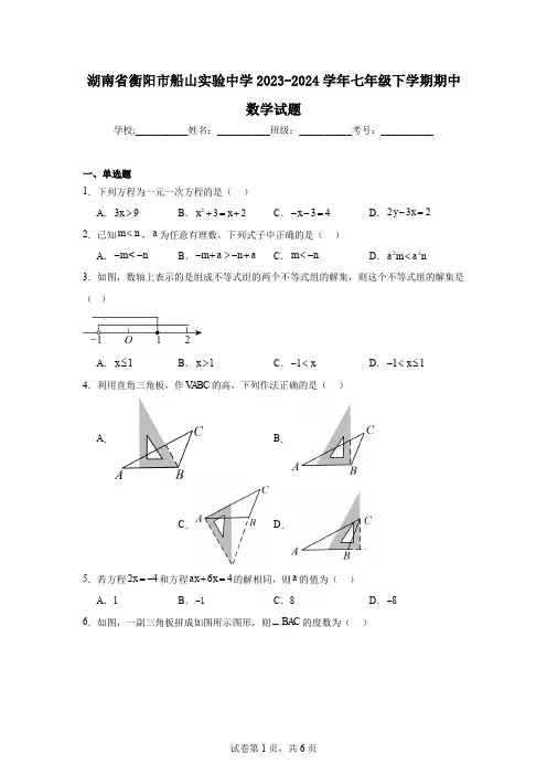 湖南省衡阳市船山实验中学2023-2024学年七年级下学期期中数学试题
