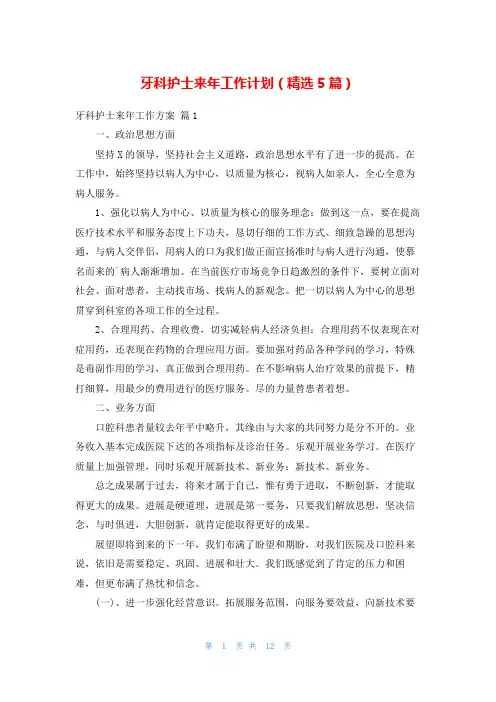 牙科护士来年工作计划(精选5篇)