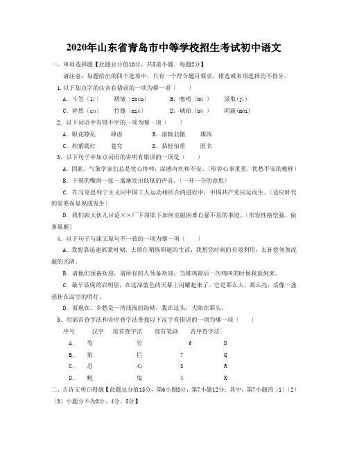 2020年山东省青岛市中等学校招生考试初中语文