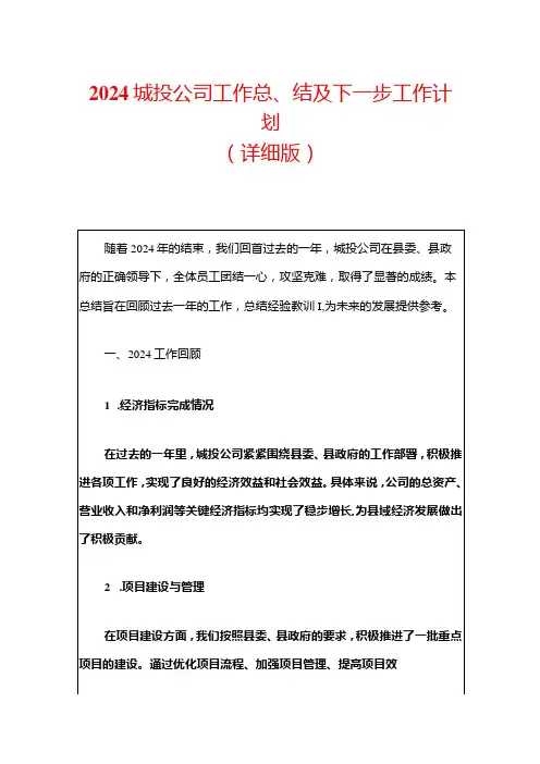 2024城投公司工作总结及下一步工作计划(详细版)