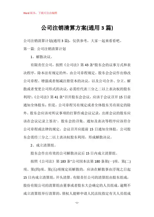 公司注销清算方案(通用3篇)