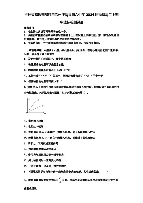 吉林省延边朝鲜族自治州汪清县第六中学2024届物理高二上期中达标检测试题含解析