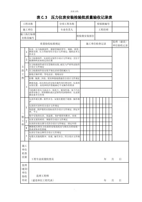 压力仪表安装检验批质量验收记录表