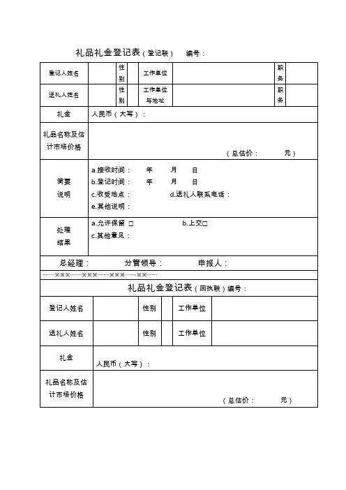 礼品礼金登记表及台账