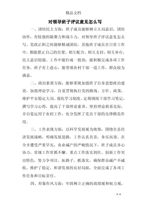 对领导班子评议意见怎么写